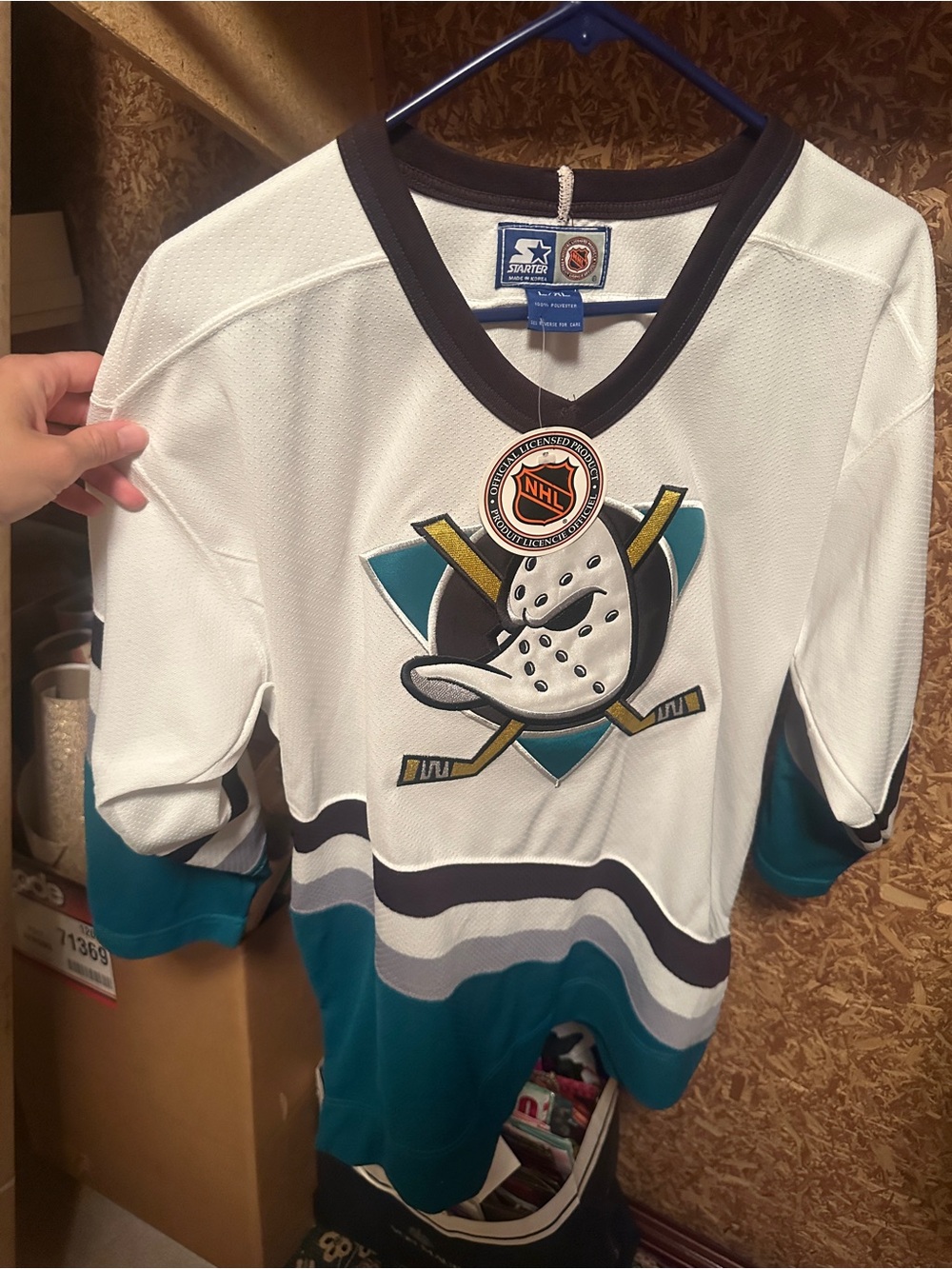 STARTER White and Teal Anaheim Ducks Mask Logo Hockey Jersey